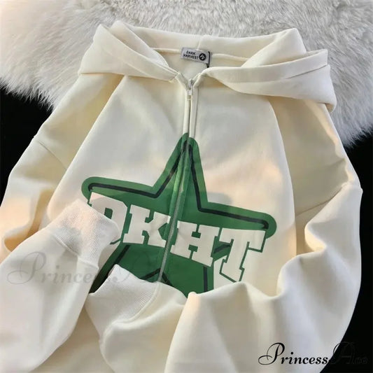 Stellar Print Vintage Zipper Hoodie white / M hoodies-241228