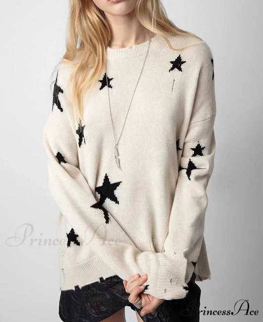 Stellar Torn Cashmere Knit Pullover Informal Extended Sleeve Knit Top Cream / S knittop-250126