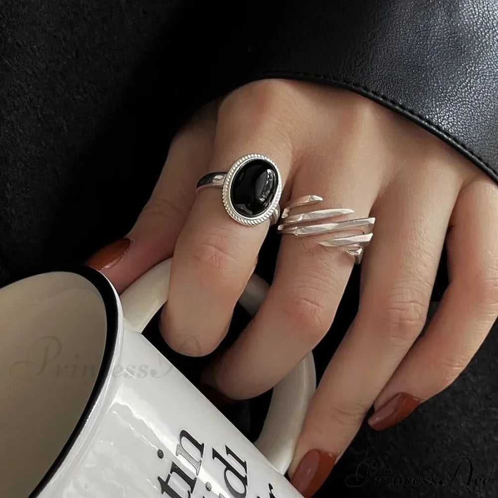 Sterling Geometric Black Rings Adjustable Couple Necklace