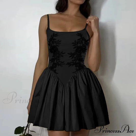 Stitched Blossom Elevated Waist Billowy Botanical Dress Black / S floraldress-250126