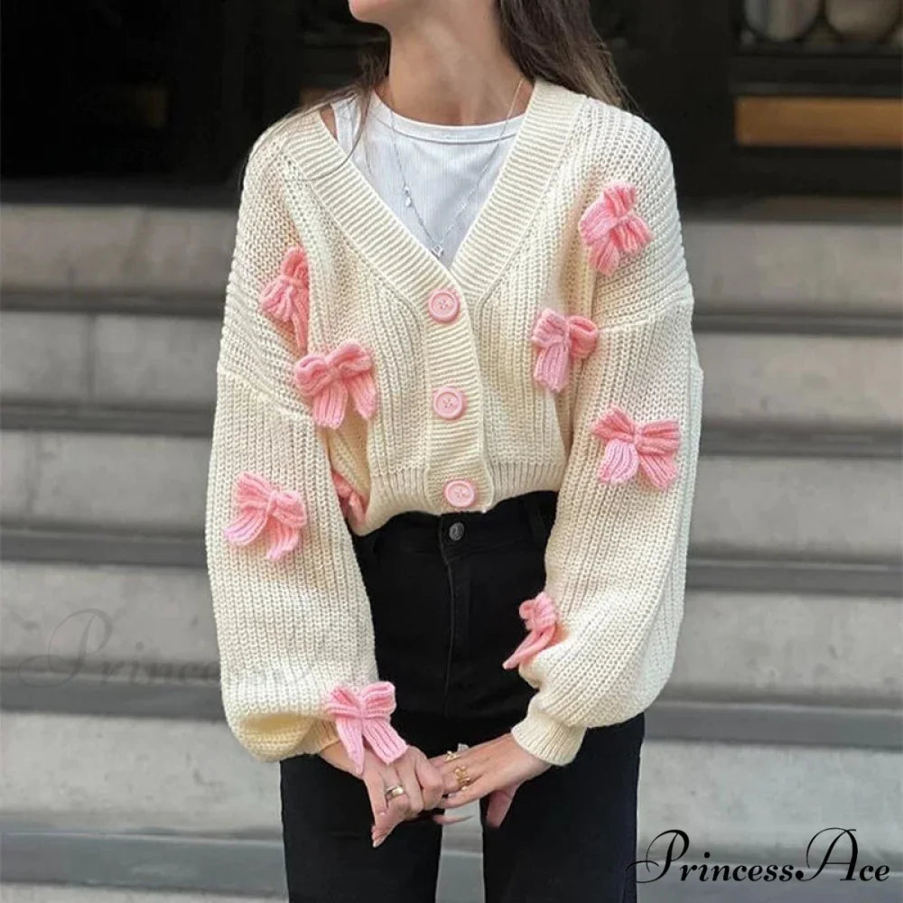 Stitched Bow Plunging Neckline Cardigan White / S cardigans-241228