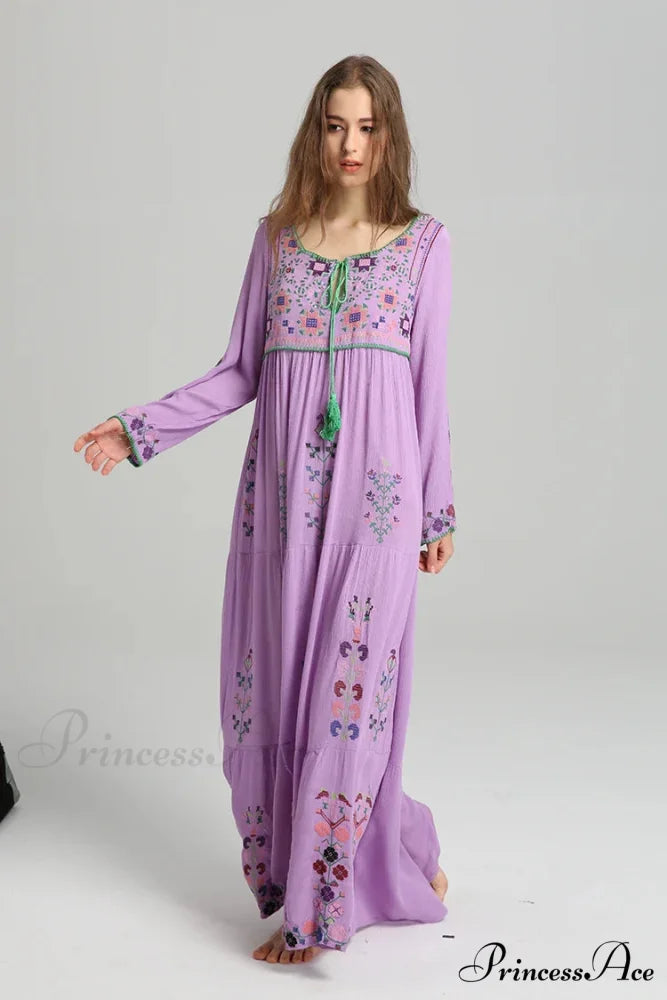 Stitched Flowery Long-sleeved Wanderer Maxi Boho Dress bohodress-250126