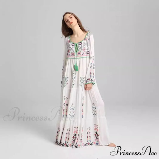 Stitched Flowery Long-sleeved Wanderer Maxi Boho Dress bohodress-250126