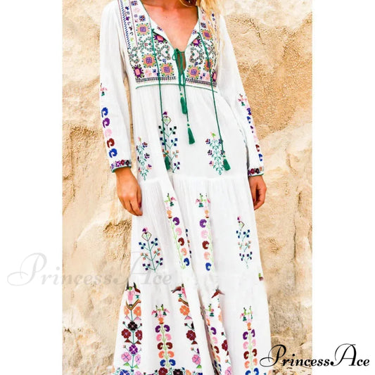Stitched Flowery Long-sleeved Wanderer Maxi Boho Dress White / One Size bohodress-250126
