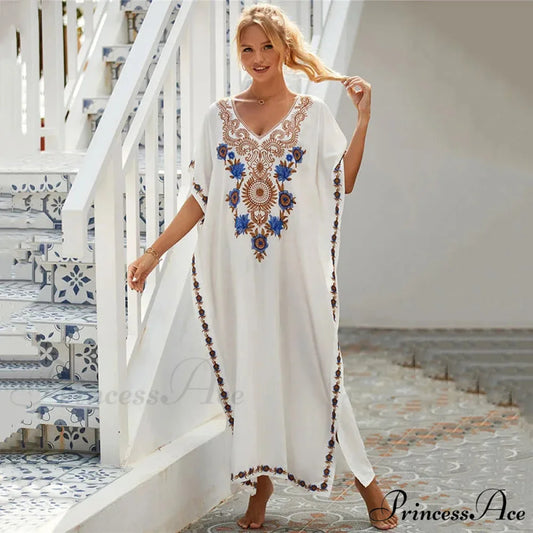 Stitched Kaftan Seaside Holiday Flowered Attire Beige / One Size oldfloraldress-250126