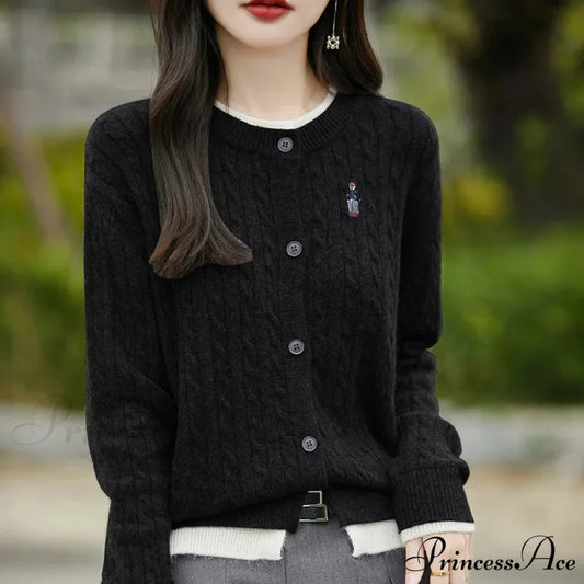 Stitched Small Bear Baggy Cashmere O-Neck Cardigan Black / M cardiagn-250126