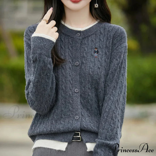 Stitched Small Bear Baggy Cashmere O-Neck Cardigan dark grey / M cardiagn-250126