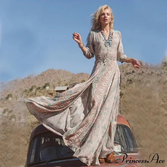 Stitching Ivory Sophisticated Cotton Celebration Boho Dress Brown / S bohodress-250126