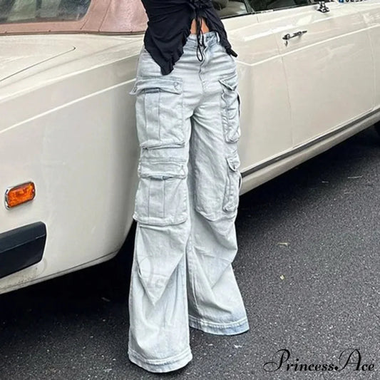 Straight Casual Multi-pocket Paneled Cargo Fashion Washed Wide Leg High-waisted High Street Y2K Jean Blue / S