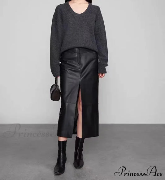 Straight Genuine Sheepskin Black Elegant Long Autumn Winter Skirt BLACK / S