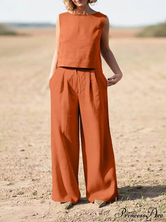 Straight Wide Set + for O-Neck Pants Two Blouse Sleeveless Solid Piece Top Color Vintage Suit Leg Women Orange / S