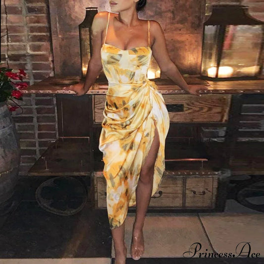 Strap Ruched Side Slit Irregular Hem Midi Dress