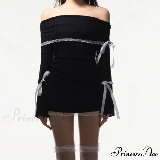 Strapless Black Autumn Off Shoulder Long Lace Knitting Bandage Mini Elegant Club Partywear Bodycon Dress