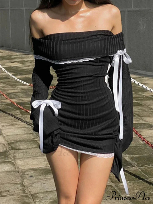 Strapless Black Autumn Off Shoulder Long Lace Knitting Bandage Mini Elegant Club Partywear Bodycon Dress Black / S