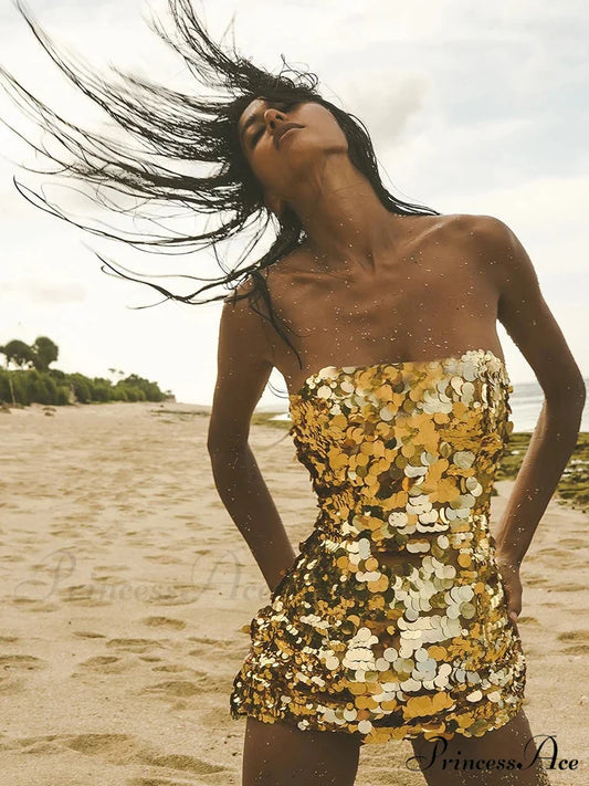Strapless Mini Sequin Party Dress Gold / S