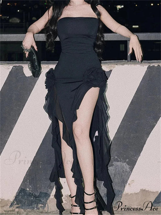 Strapless Off Shoulder Elegant Women Party Clubwear Flowers Patchwork High Split Solid Summer Vestidos Black / S