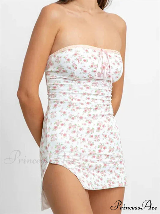 Strapless Off Shoulder Fairy Floral Print Backless Mini Dress WHITE / S