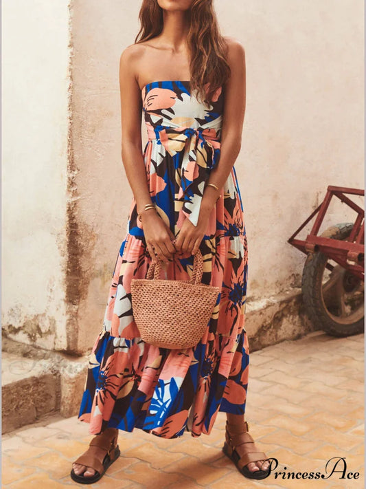 Strapless Printed Stylish Maxi Dress Orange / S