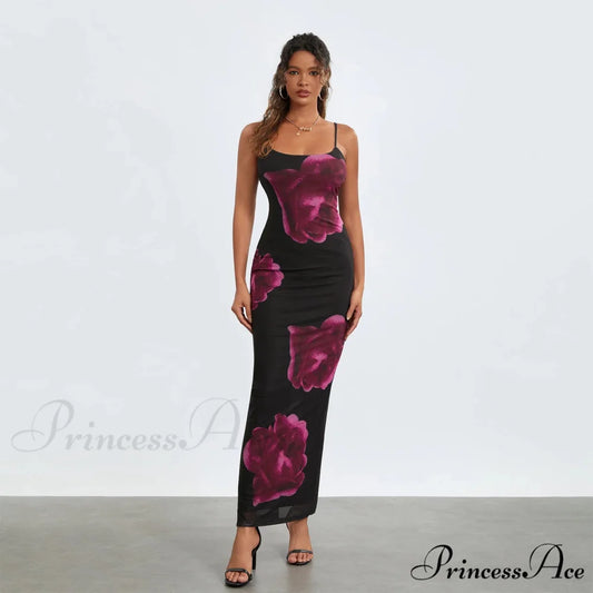 Strapless Spaghetti Strap Flower Split Back Hem Dress Black / S floraldress-250126