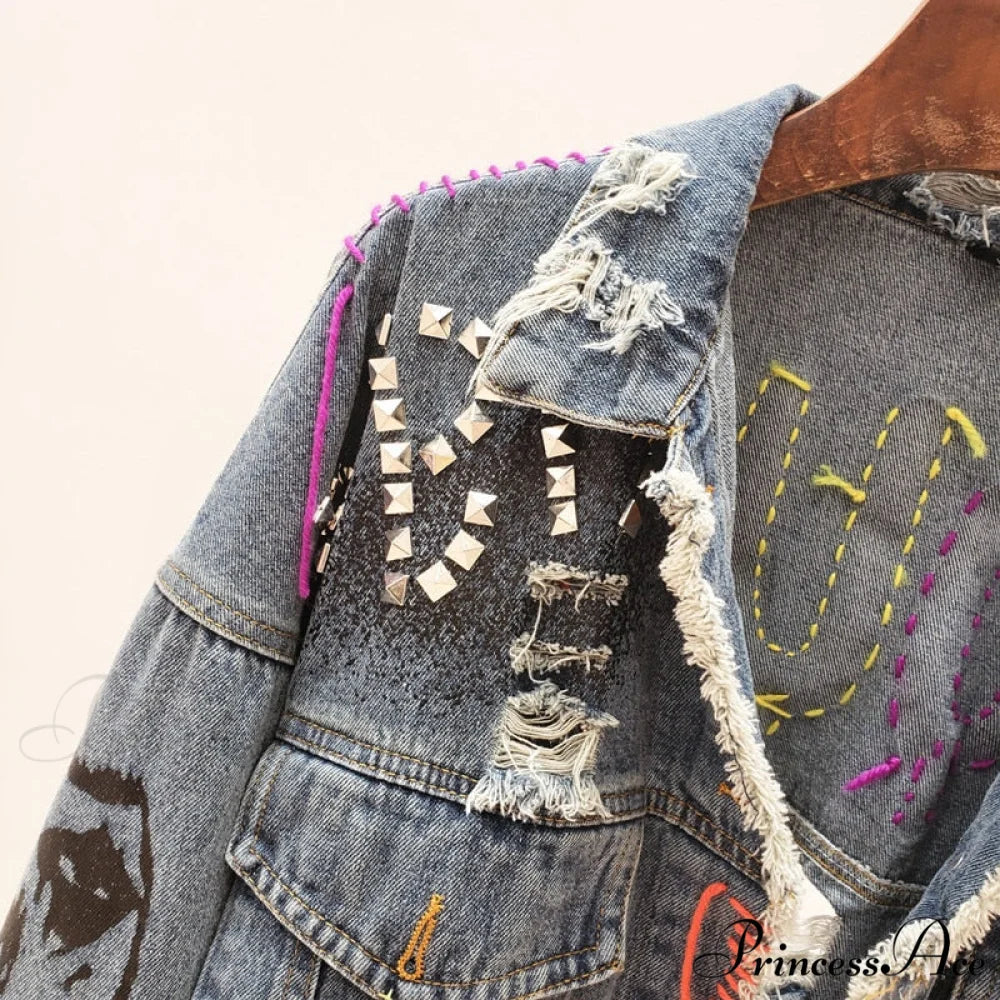 Street Fashion Graffiti Denim Jacket blue / One Size