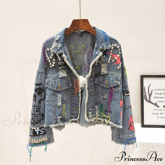Street Fashion Graffiti Denim Jacket blue / One Size