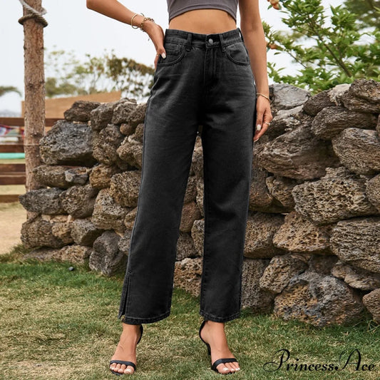 Street Mid Waist Denim Trousers Ladies Pants Black / S