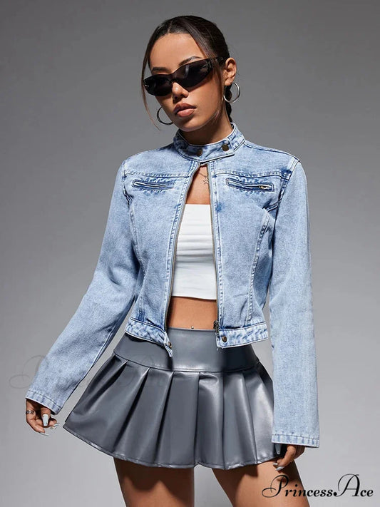 Streetwear Denim Cropped Gothic Button Ripped Bomber Long Sleeve Jacket Blue / XS
