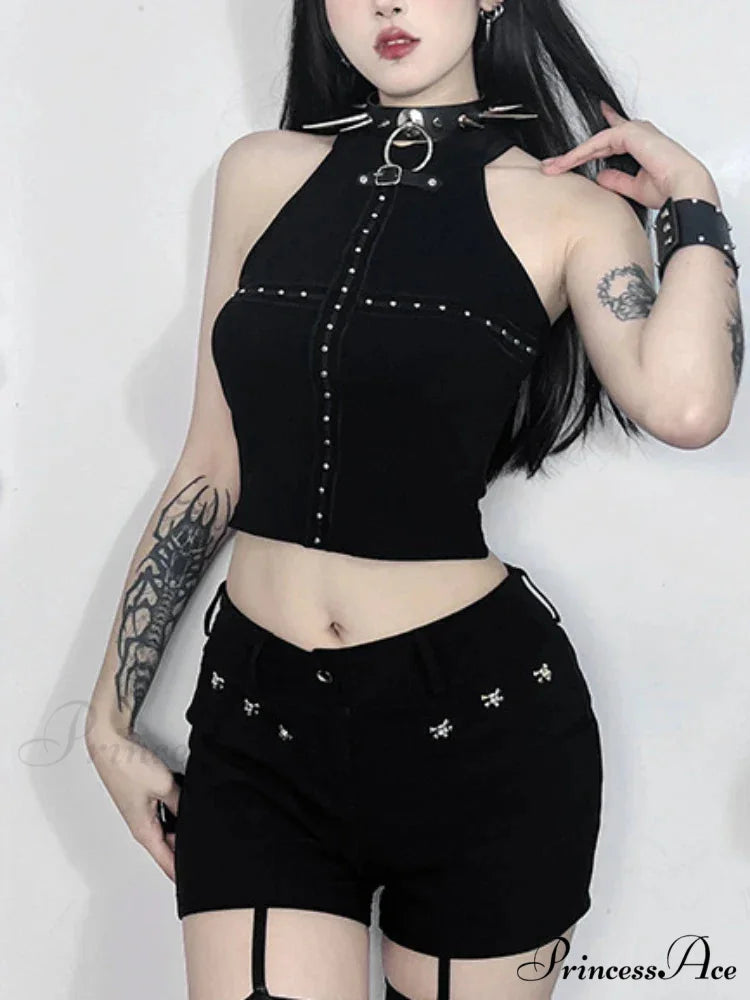 Streetwear Gothic Black Dark Cyber Punk Patchwork Cross Alt Grunge Crop Top Black / XS