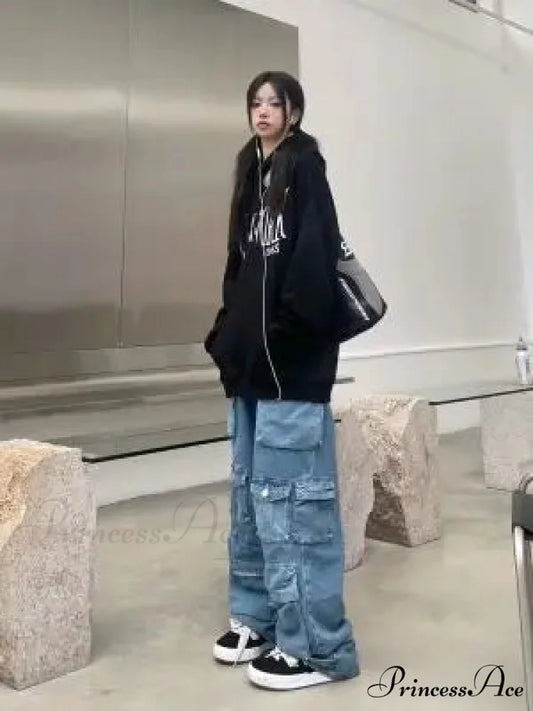 Streetwear Loose Oversized Straight-Leg Multi-Pocket Washed Cargo New Heavy Industry Y2K Vintage Jean