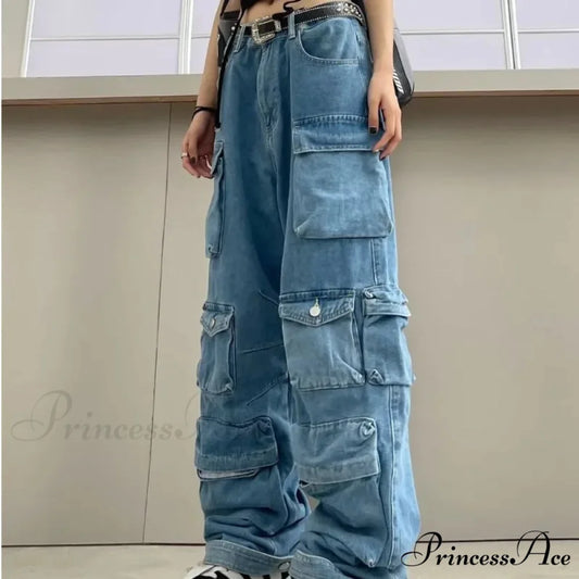 Streetwear Loose Oversized Straight-Leg Multi-Pocket Washed Cargo New Heavy Industry Y2K Vintage Jean Blue / S