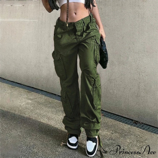 Streetwear Pockets Wide Leg High Waist Straight Trousers army green / S