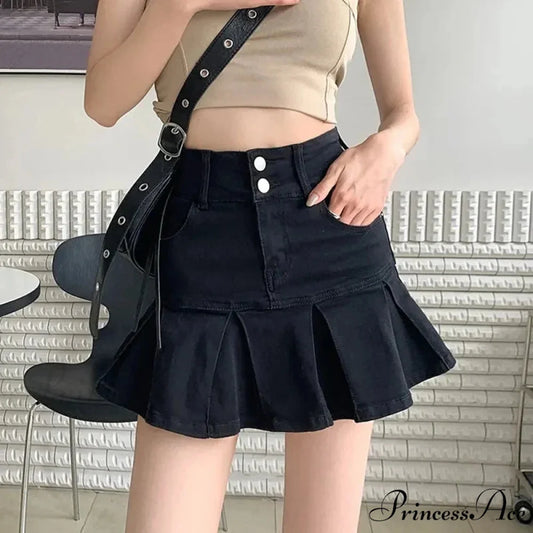 Streetwear Waist Gothic Black Pleated Autumn Skirt black / S