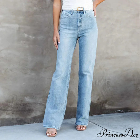 Stretch Blue High Waist Loose Wide Leg Vintage Fashionable Washed Straight Casual Jean Blue / S
