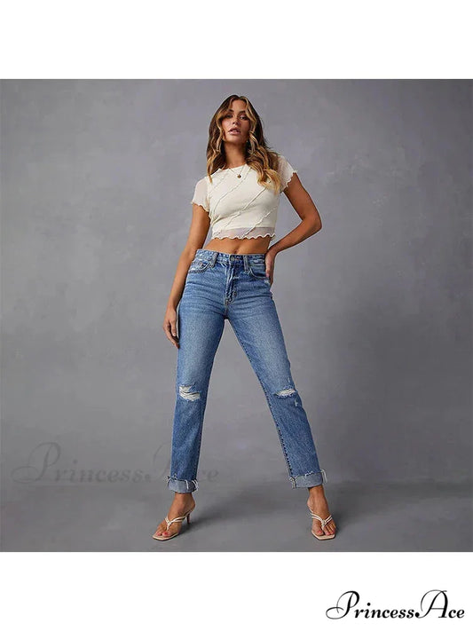 Stretch Blue High Waist Ripped Casual Fashion Streetwear Denim Jean Dark Blue / S