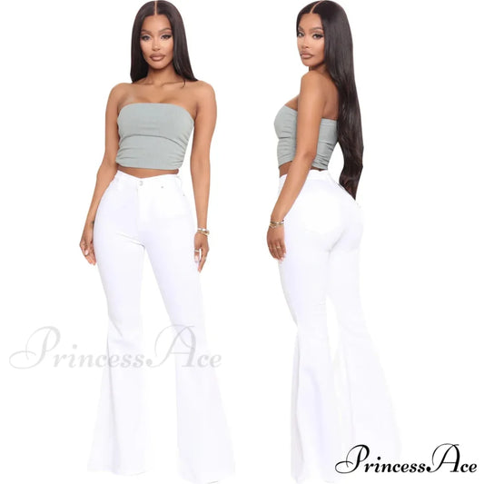 Stretch Slim Flare for Women Pink Bell Bottom 2024 High Waist Skinny Boot-cut Denim Woman Jean White / S