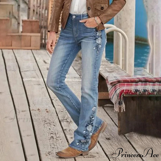 Stretch Women’s 90s Vintage Clothes Printed Denim Loose Washed Fashion Women’s Flare Blue Casual Women’s Pant Jean Blue