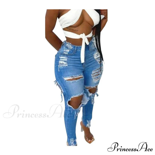 Stretchy Ripped High waisted Women Skinny Autumn Winter Female Denim Jean Blue / S