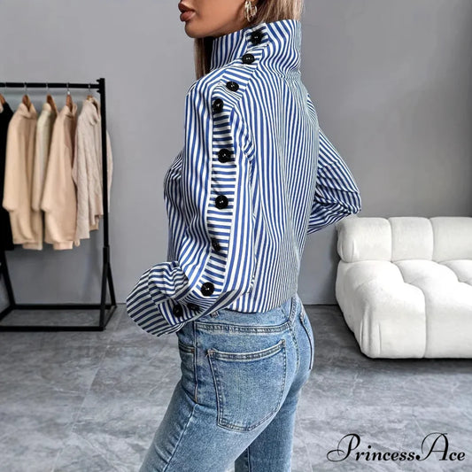 Stripe Joined Button Pullover Shirt blouse-250126