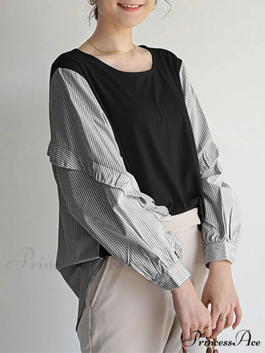 Stripe Patchwork Frilled Informal Blouse Black / S blouse-250126