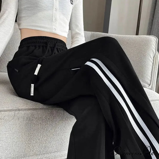 Striped Athletic Informal High Waist Trousers Black / M (40-50KG) pants-241228