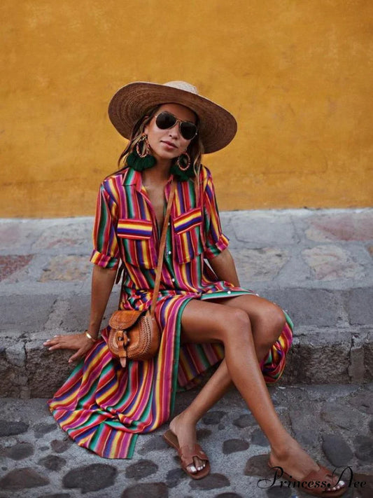 Striped Full-Length Bohemia Dress S / Black