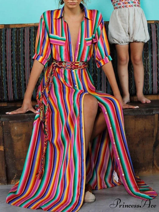 Striped Full-Length Bohemia Dress S / Rainbow