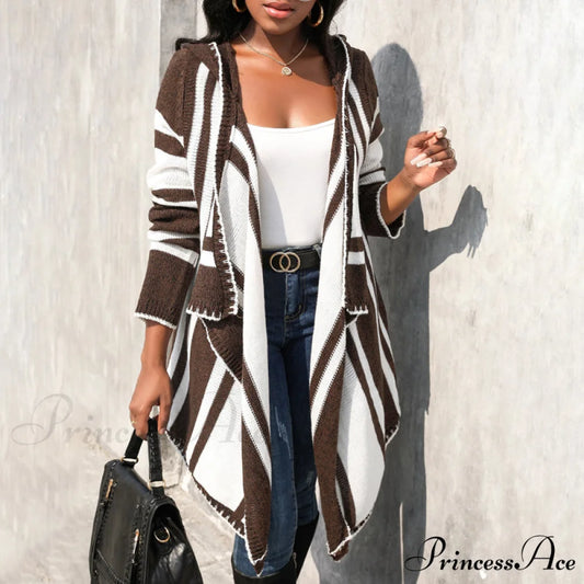 Striped Hooded Cardigan Brown / S