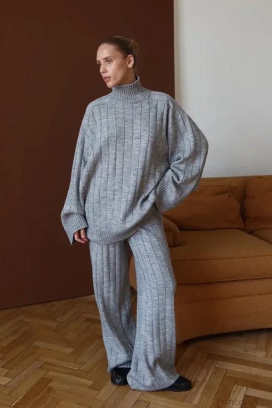 Striped Knit Elegant Sweater Wide-Leg Pants Two Piece Set