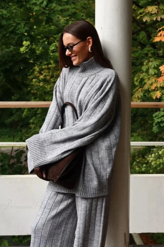 Striped Knit Elegant Sweater Wide-Leg Pants Two Piece Set