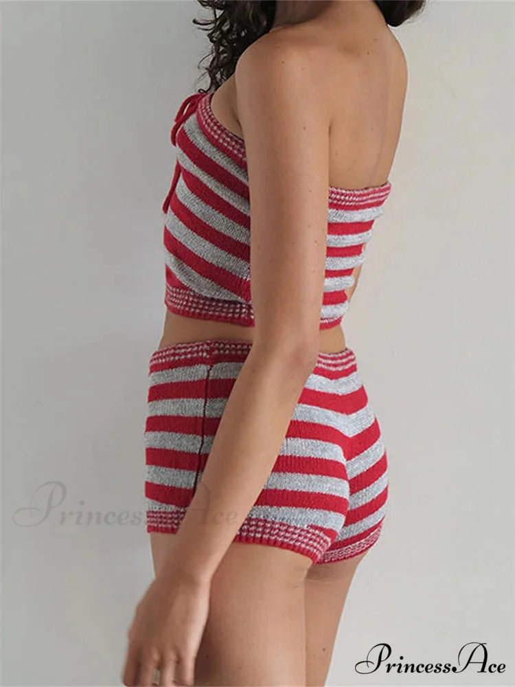 Striped Knitted Off Shoulder Crop Tube Top with Drawstring Shorts Set twopiecesset-250126