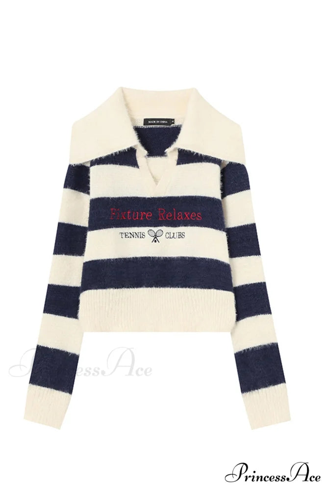 Striped Patchwork Knitted Sweater with Lapel