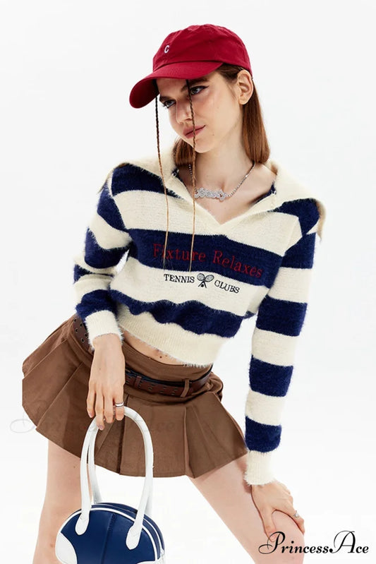 Striped Patchwork Knitted Sweater with Lapel Beige / S