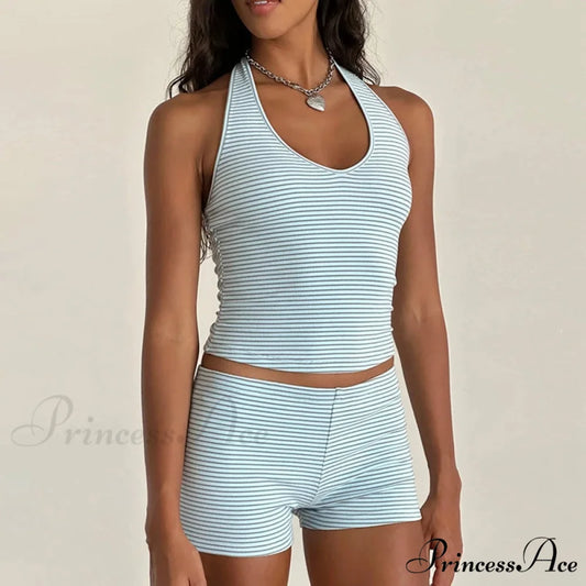 Striped Pattern Sleeveless V Neck Halter Crop Low Waist Shorts Two Pieces Set Blue / S twopiecesset-250126
