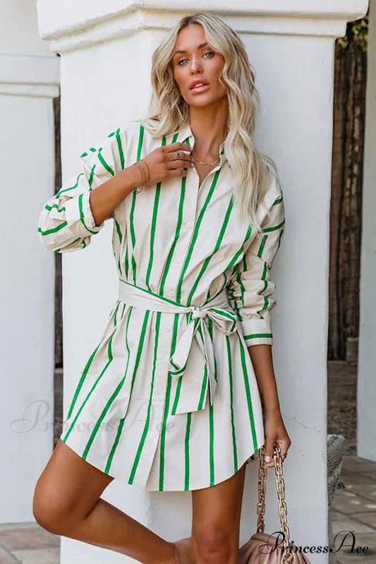 Striped Print Lace-up Shirt Dress - Green Green / S